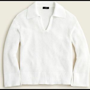 J.Crew Medium White Relaxed Collared Sweater Knit Long Sleeve V Neck New BG119